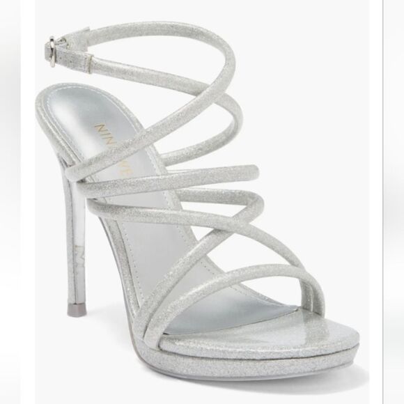 Nine West Loomay silver strappy 4" open toe stiletto size 9.5 NWT - Picture 1 of 9